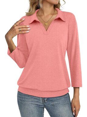 Women's Coral V Neck Banded Bottom 3/4 Sleeve Shirts Collared Casual Blouses